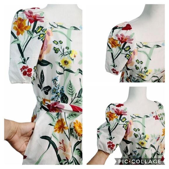 LOFT White Multicolor Floral Puff Sleeve Tent Linen Dress Size 0P Tie Waist - Picture 7 of 12